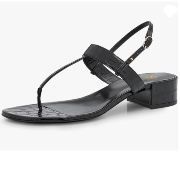 FOWT Black T-Strap Block Low Heel Thong Adjustable Ankle Buckle Slingback Sandal - Picture 1 of 8